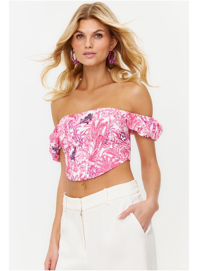 trendyol Pink-Multicolored Crop Lined Corset Detailed Poplin Floral Patterned Bustier TPRSS23BS00063  - Image 1