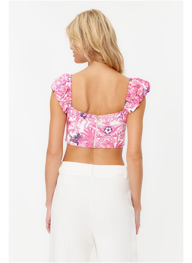 trendyol Pink-Multicolored Crop Lined Corset Detailed Poplin Floral Patterned Bustier TPRSS23BS00063  - Image 3
