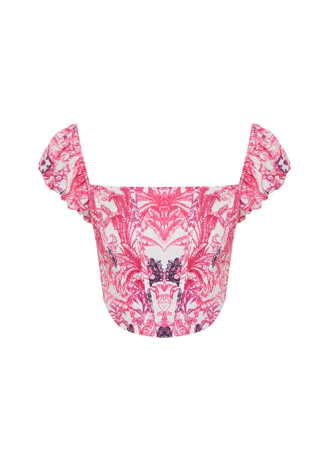 trendyol Pink-Multicolored Crop Lined Corset Detailed Poplin Floral Patterned Bustier TPRSS23BS00063  - Image 4