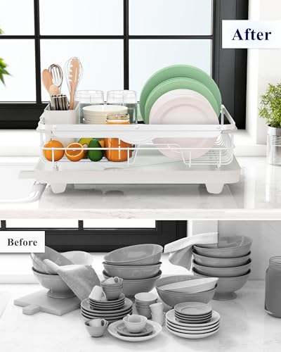 Kitsure Dish Drying Rack for Kitchen Counter, Stainless Steel Sink Organization and Storage Essentials with Cutlery Holder, Home and Appartment Decor, 12.2''W x 15.7''~23''L, White - Image 2