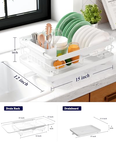 Kitsure Dish Drying Rack for Kitchen Counter, Stainless Steel Sink Organization and Storage Essentials with Cutlery Holder, Home and Appartment Decor, 12.2''W x 15.7''~23''L, White - Image 3