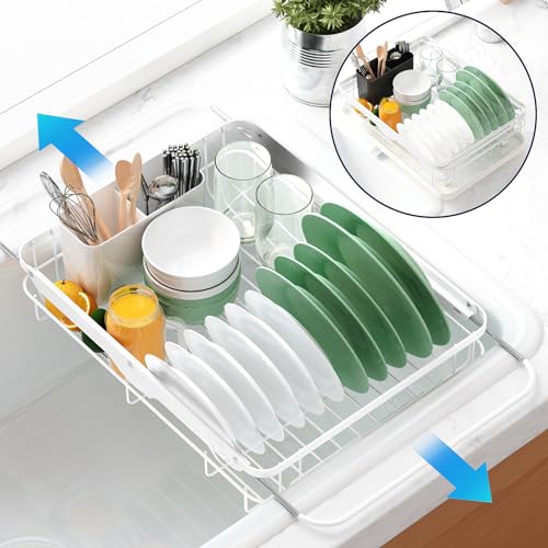 Kitsure Dish Drying Rack for Kitchen Counter, Stainless Steel Sink Organization and Storage Essentials with Cutlery Holder, Home and Appartment Decor, 12.2''W x 15.7''~23''L, White - Image 5