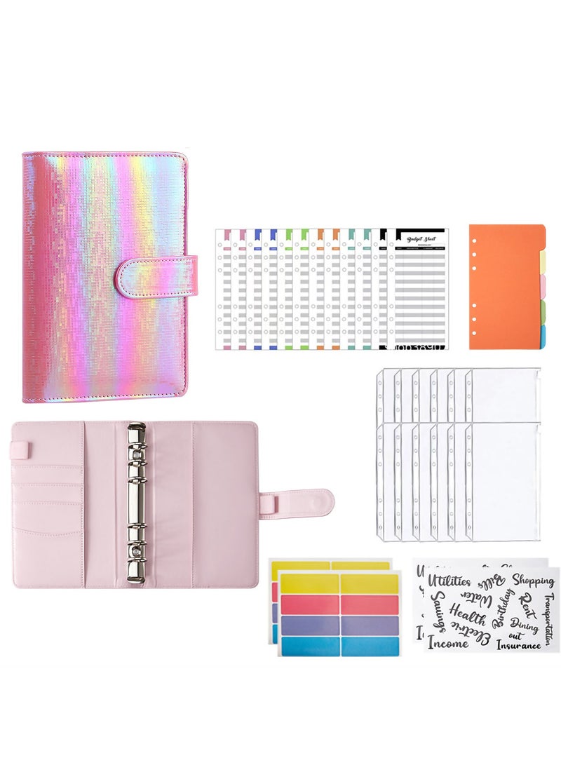 A6 Cash Envelopes Budget Binder,6 Ring Leather Notebook Binder Cover Binder Money Organizer Zippe Pockets,12pcs Expense Budget Sheets, 2pcs Letter Sticker Labels, Saving Cash Envelopes System (Pink) - Image 1