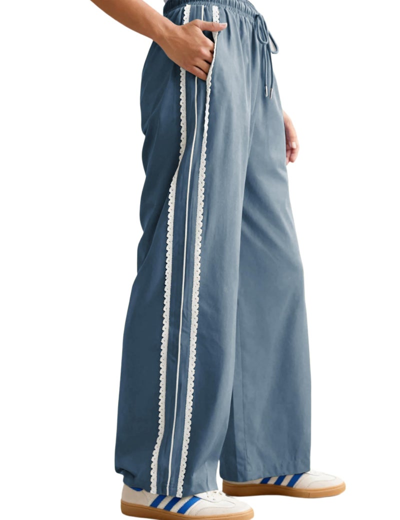 Yeokou Women's Wide Leg Sweatpants Side Stripe Crochet Slip on Drawstring Casual Running Track Palazzo Pants with Pockets (BlueGray-M) - Image 1