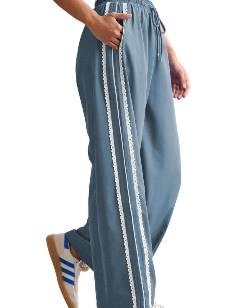 Yeokou Women's Wide Leg Sweatpants Side Stripe Crochet Slip on Drawstring Casual Running Track Palazzo Pants with Pockets (BlueGray-M) - Image 2