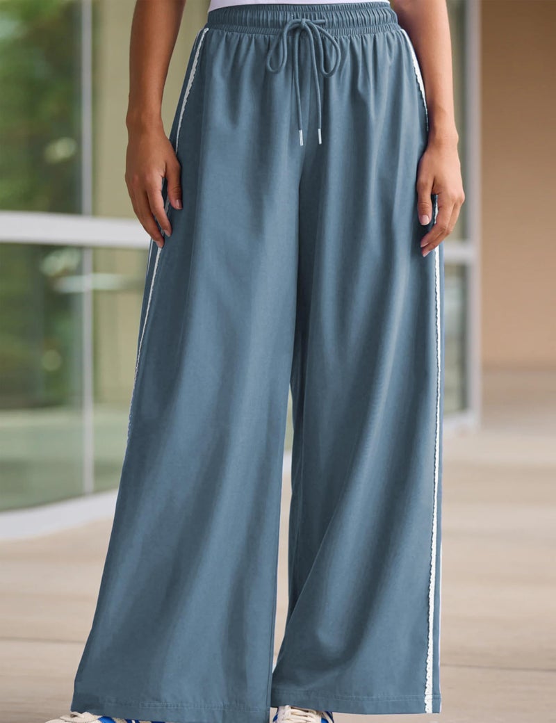 Yeokou Women's Wide Leg Sweatpants Side Stripe Crochet Slip on Drawstring Casual Running Track Palazzo Pants with Pockets (BlueGray-M) - Image 3