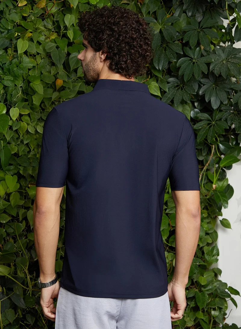 Campus Sutra Men's Navy Blue Seamless Waffle Polo T-Shirt