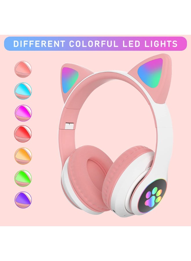 Kids Bluetooth Wireless Over-Ear Cat Ear Headphones with Microphone for Kids, Teens & Adults, LED Cat Ear Design, Foldable, Pink | Model: CE-BT05 - Image 1