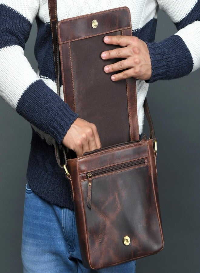 MaheTri Men's Daily Messenger Leather Bag | Vintage Dark Brown Premium Buffalo Leather Crossbody Bag with Brass Hardware & Adjustable Strap | Multiple Zipper Compartments | Magnetic Closure - Image 3