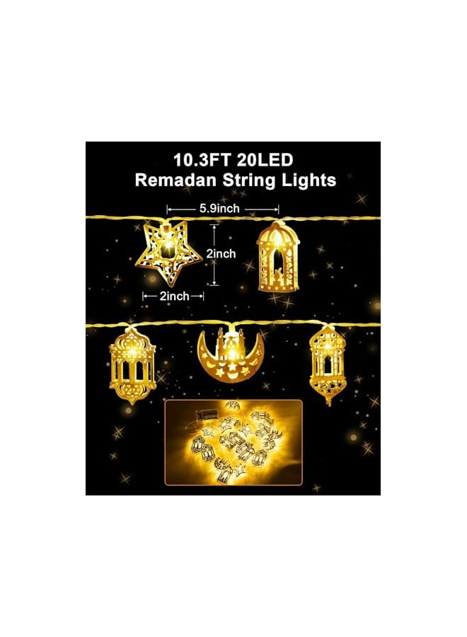 The Bros أضواء سلسلة زينة عيد الأضحى، 10.3 قدم 20 LED قمر ونجمة فوانيس رمضان، زينة رمضان أضواء ليلية لمهرجان عيد الميلاد المنزل غرفة النوم الحديقة الزفاف عيد الميلاد - Image 4