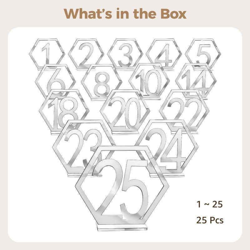 Hexagonal Acrylic Table Numbers 1 To 25 With Holders Reflective Silver Finish For Wedding Events - Image 3
