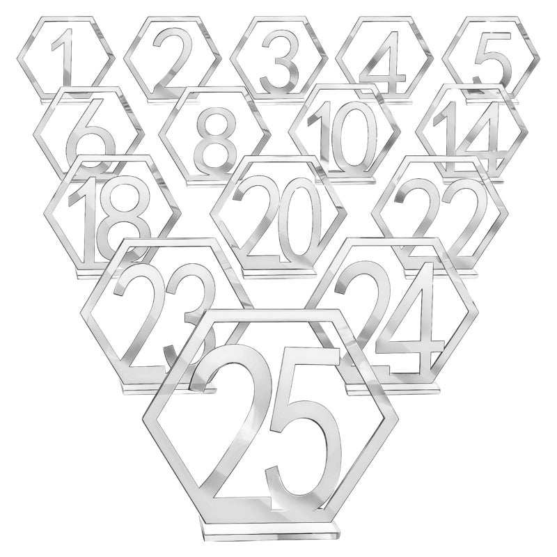 Hexagonal Acrylic Table Numbers 1 To 25 With Holders Reflective Silver Finish For Wedding Events - Image 2