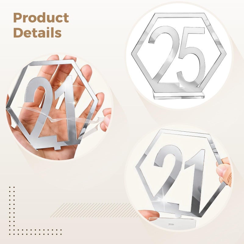 Hexagonal Acrylic Table Numbers 1 To 25 With Holders Reflective Silver Finish For Wedding Events - Image 5
