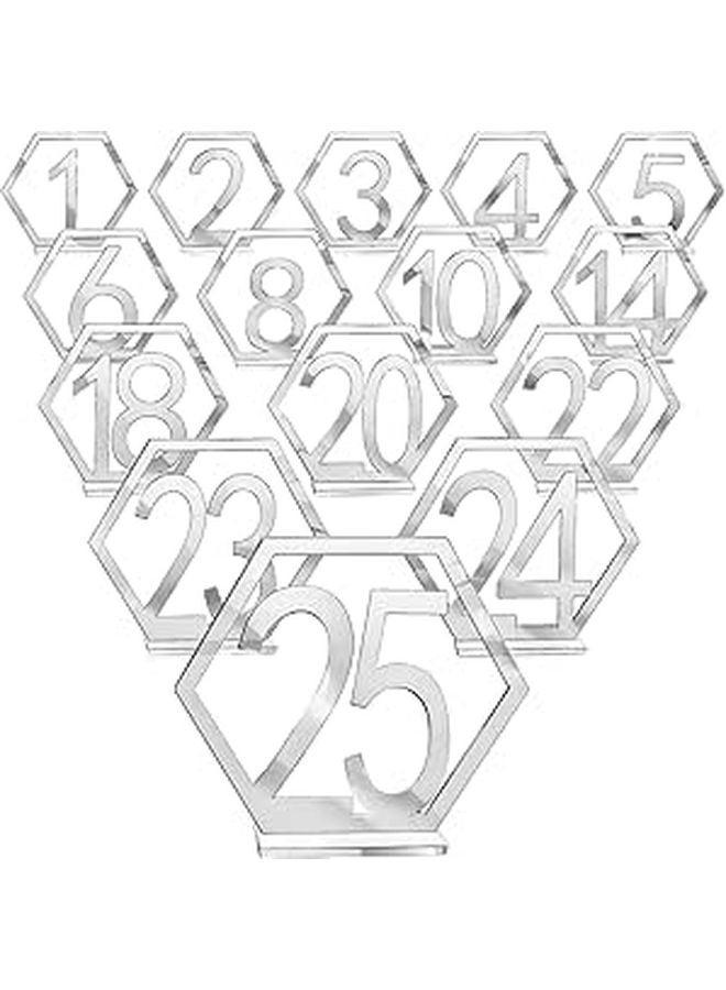 Hexagonal Acrylic Table Numbers 1 To 25 With Holders Reflective Silver Finish For Wedding Events - Image 1