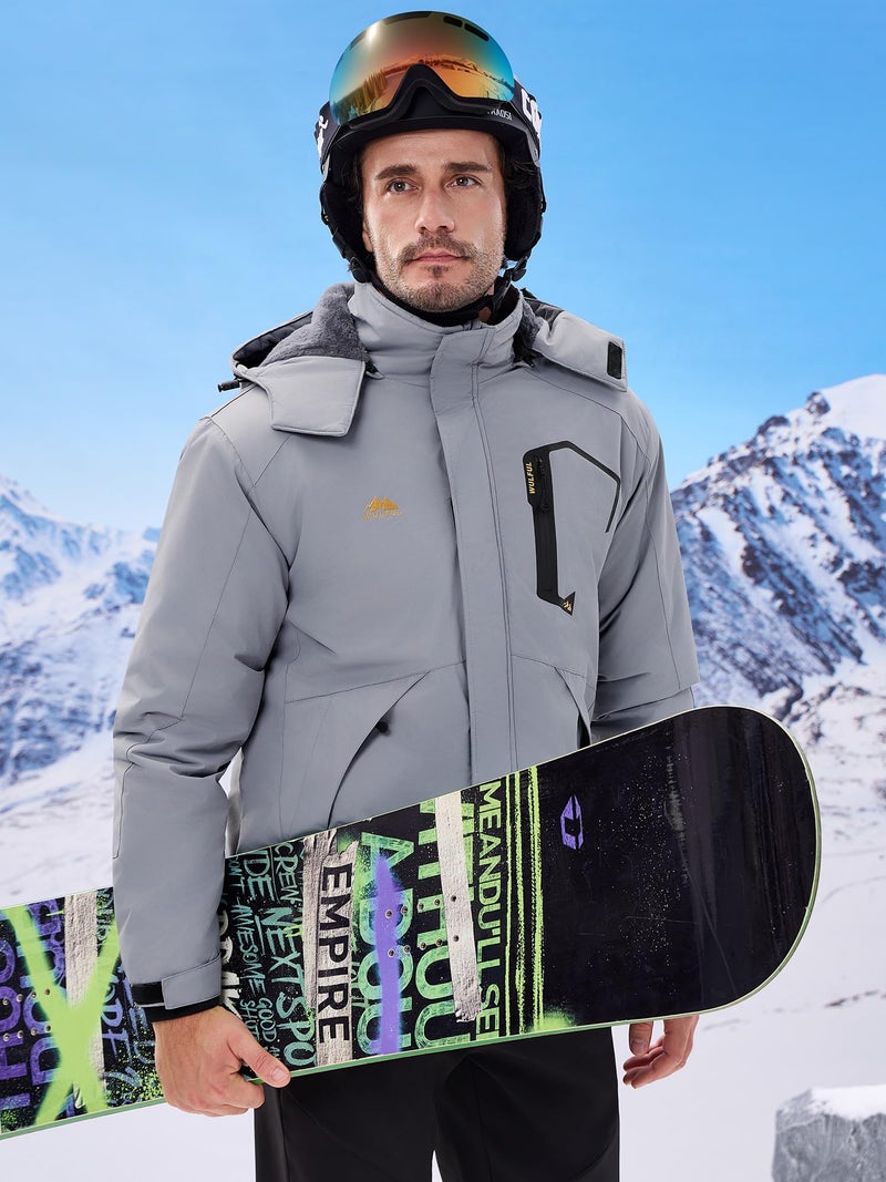 WULFUL Men's Ski Jackets Warm Winter Snow Windbreaker Resistant Snowboard Fleece Coat Mountain Waterproof Parka with Hood Gray Medium - Image 3