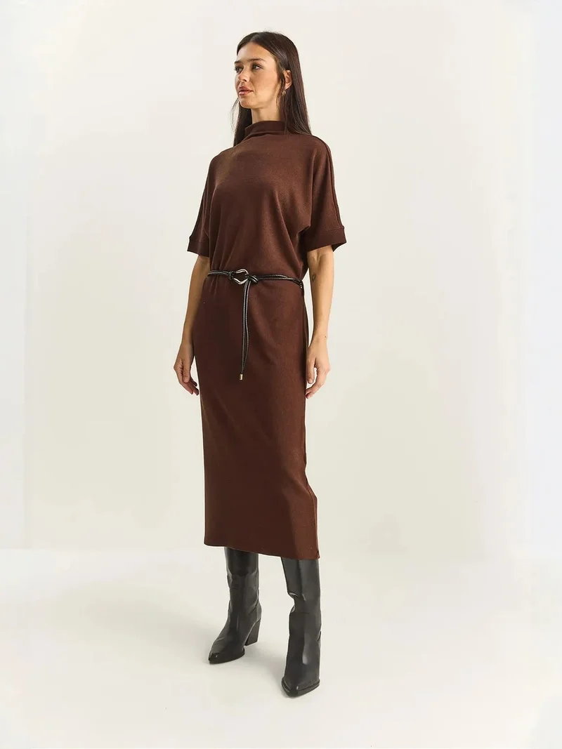 Bianco Lucci Mocha Brown LUCCI Basic Midi Dress for Women | Best Price UAE