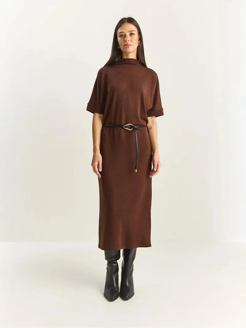 Bianco Lucci Mocha Brown LUCCI Basic Midi Dress for Women | Best Price UAE
