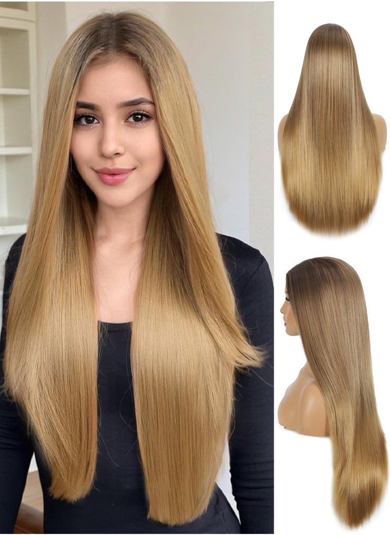 SANMUGEED Long Blonde Lace Front Wig for Women, 26 Inch Natural Wavy Daily Hair Synthetic Lace Wigs Middle Part,Hand Tied/Longlife/Lightweight  - Image 1