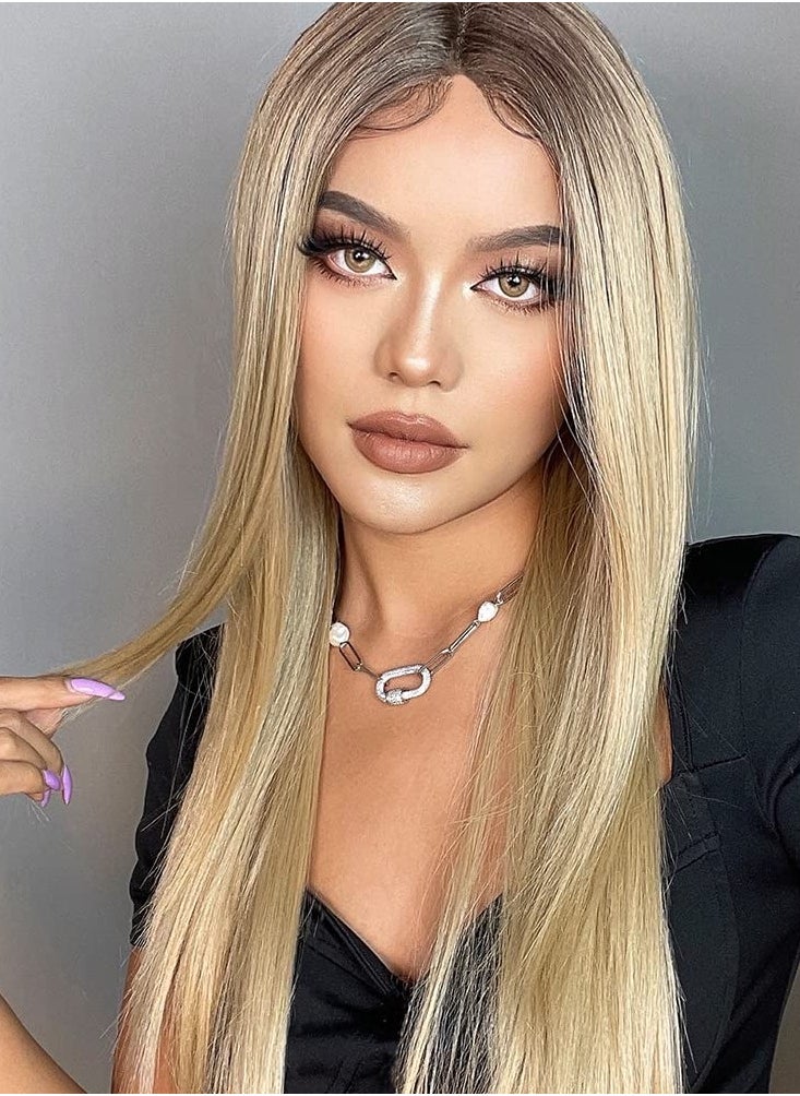 SANMUGEED Long Blonde Lace Front Wig for Women, 26 Inch Natural Wavy Daily Hair Synthetic Lace Wigs Middle Part,Hand Tied/Longlife/Lightweight  - Image 4