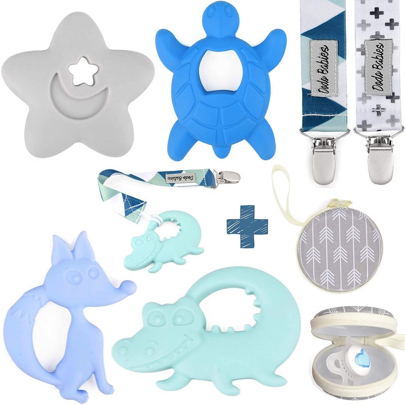 Dodo Babies Teething Toy Pacifier Clip Set Silicone Teether Four Pack Plus Two Universal Holder Paci Leashes and Binky Case Blue Animal Shapes Great Shower Gift for Baby Girl or Boy