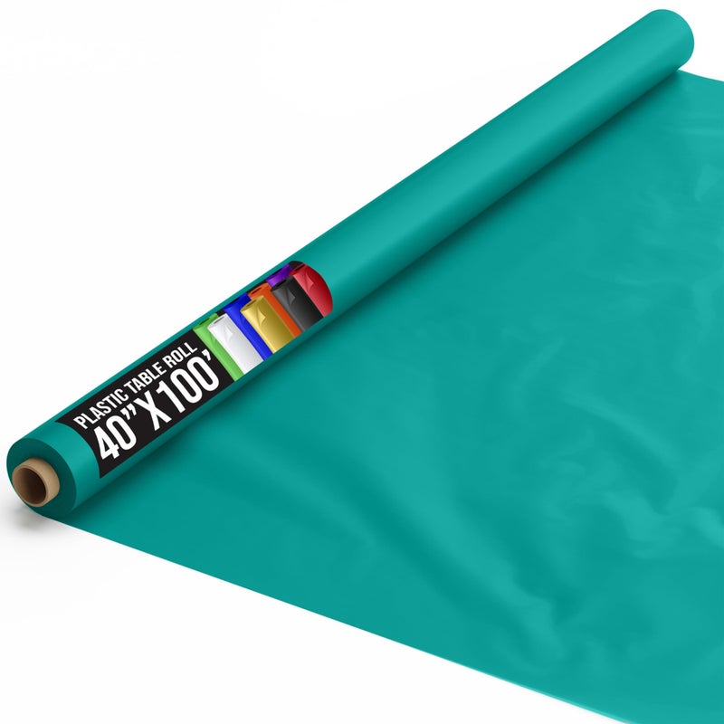 Party Solids Teal Plastic Table Cover Roll 40 X 100 Table Cloth Plastic Cover Roll Premium Quality Thick 05 MIL Banquet Rolls Disposable Tablecloth Rolls - Image 2