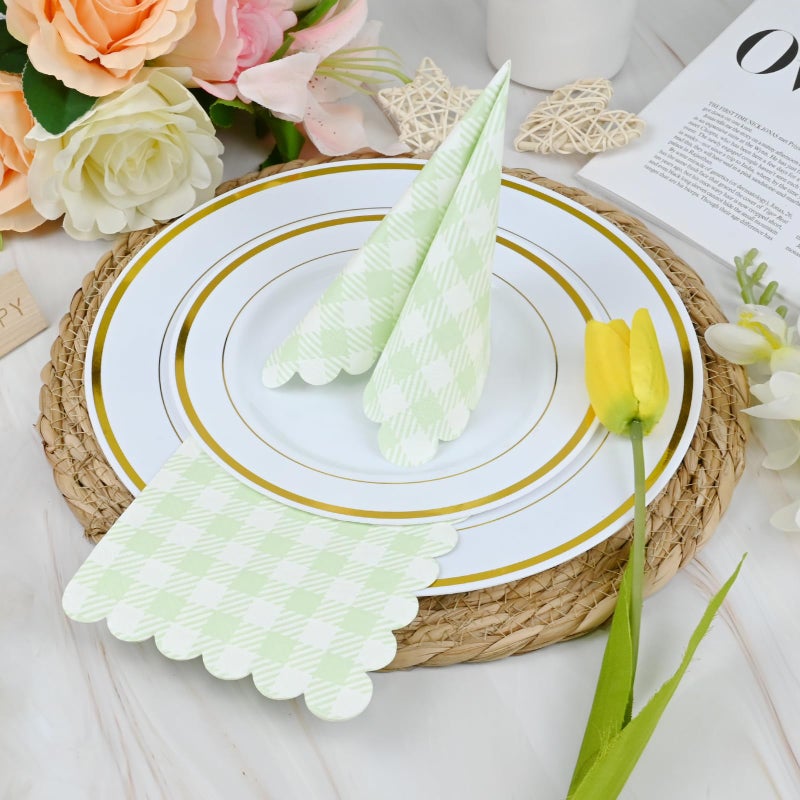 MEINV 100 Pcs Sage Green and White Gingham Napkins - Disposable Checkered Paper Napkins  Scalloped Cocktail Napkins  3-Ply Buffalo Plaid Guest Hand Towels for Bathroom Wedding Birthday Party Picnic (Green) - Image 3