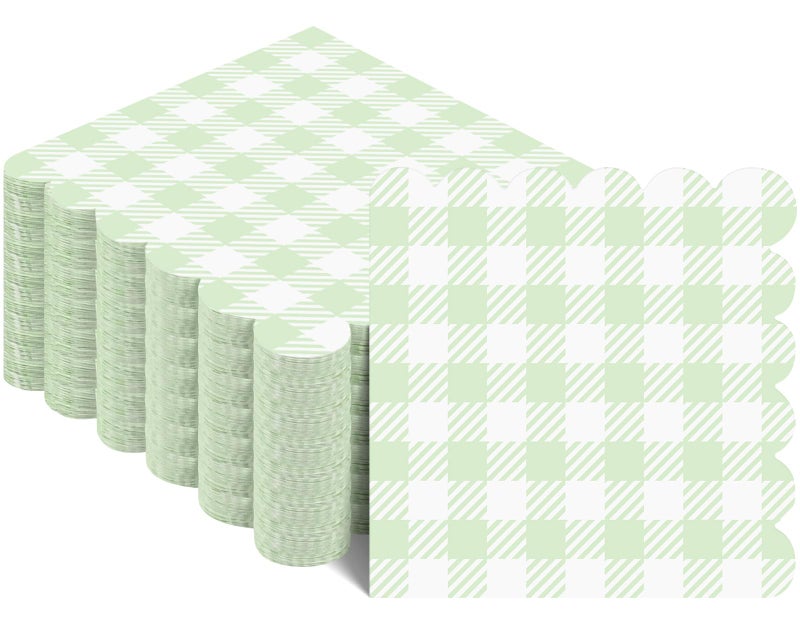 MEINV 100 Pcs Sage Green and White Gingham Napkins - Disposable Checkered Paper Napkins  Scalloped Cocktail Napkins  3-Ply Buffalo Plaid Guest Hand Towels for Bathroom Wedding Birthday Party Picnic (Green) - Image 1