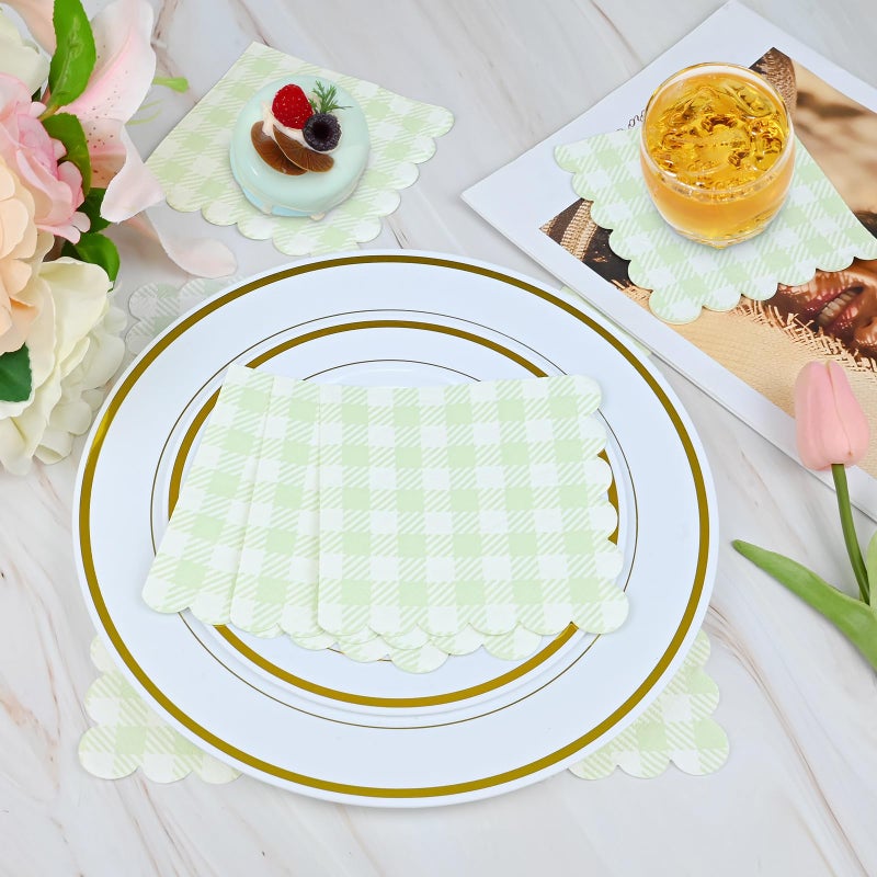 MEINV 100 Pcs Sage Green and White Gingham Napkins - Disposable Checkered Paper Napkins  Scalloped Cocktail Napkins  3-Ply Buffalo Plaid Guest Hand Towels for Bathroom Wedding Birthday Party Picnic (Green) - Image 5