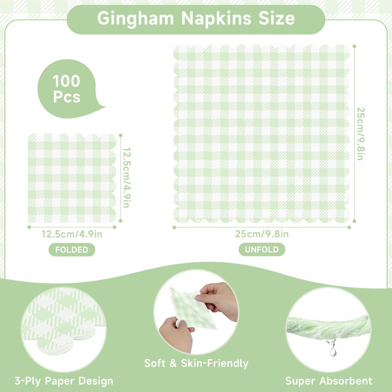 MEINV 100 Pcs Sage Green and White Gingham Napkins - Disposable Checkered Paper Napkins  Scalloped Cocktail Napkins  3-Ply Buffalo Plaid Guest Hand Towels for Bathroom Wedding Birthday Party Picnic (Green) - Image 2