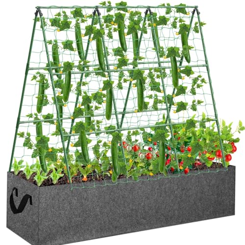 Tidponra Cucumber Trellis with 46 Gallon Grows Bag, 50 x 54 Inches A Frame Outdoor Greenhouse Trellis and Fabric Raised Bed, Climbing Net and Plant Support Clips for Bean Climbing Plants - Image 1