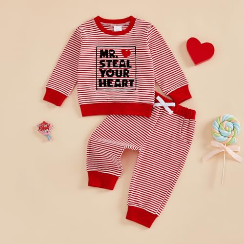 Kuriozud Toddler Baby Boy Valentines Day Outfit Striped Mr Steal Your Heart Sweatshirt and Pants Set Valentines Day Clothes (Red Mr. Steal Your Heart, 12-18 Months) - Image 4