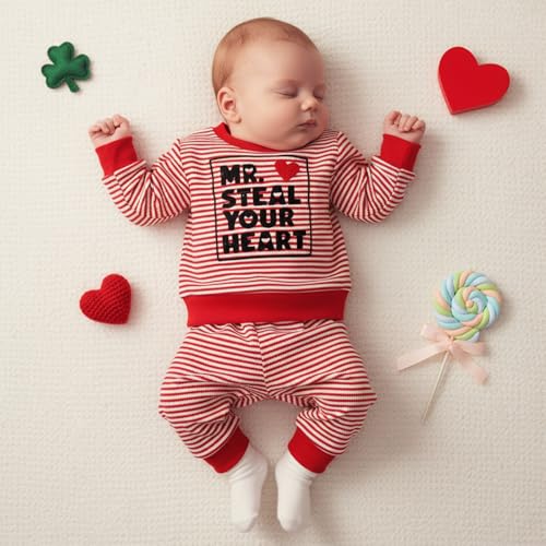 Kuriozud Toddler Baby Boy Valentines Day Outfit Striped Mr Steal Your Heart Sweatshirt and Pants Set Valentines Day Clothes (Red Mr. Steal Your Heart, 12-18 Months) - Image 3