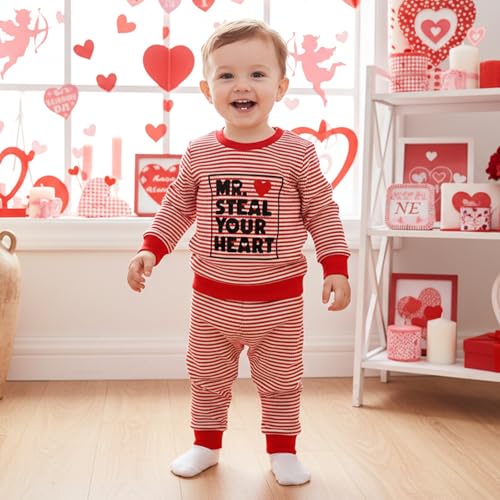 Kuriozud Toddler Baby Boy Valentines Day Outfit Striped Mr Steal Your Heart Sweatshirt and Pants Set Valentines Day Clothes (Red Mr. Steal Your Heart, 12-18 Months) - Image 2