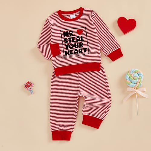 Kuriozud Toddler Baby Boy Valentines Day Outfit Striped Mr Steal Your Heart Sweatshirt and Pants Set Valentines Day Clothes (Red Mr. Steal Your Heart, 12-18 Months) - Image 5