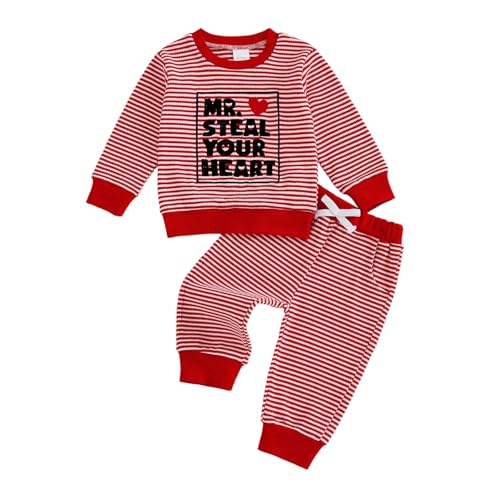 Kuriozud Toddler Baby Boy Valentines Day Outfit Striped Mr Steal Your Heart Sweatshirt and Pants Set Valentines Day Clothes (Red Mr. Steal Your Heart, 12-18 Months) - Image 1