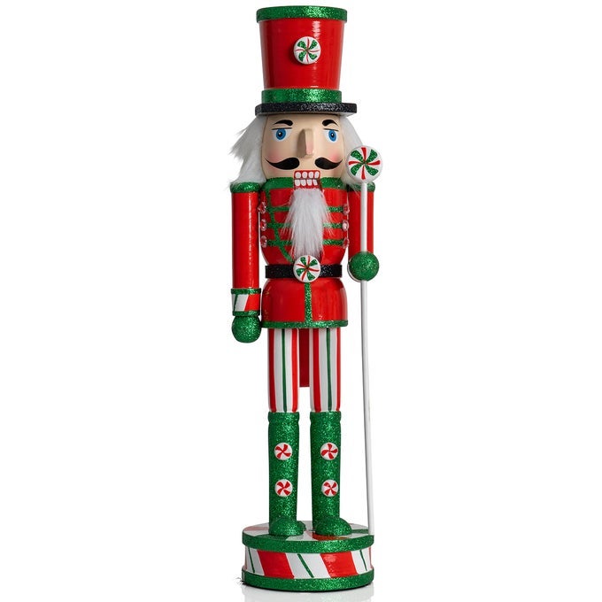 Wooden Peppermint Christmas Nutcracker Red White and Green Glitter Candy Themed Xmas Holiday Nut Cracker Doll Figure Toy Soldier Decorations 15