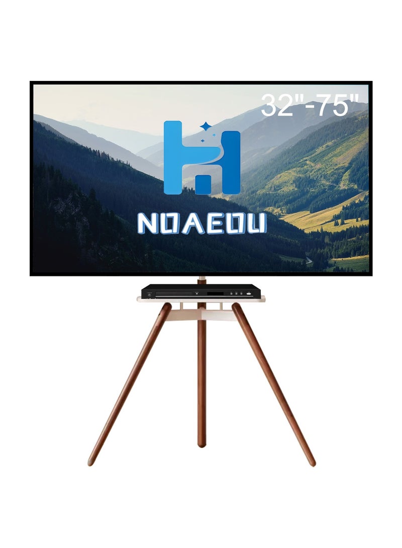 NOAEOU Portable Tripod Easel TV Floor Stand, Corner TV Kickstand-style Studio Height Adjustable and Swievel with Wooden Tray, VESA 600x400mm for 32 to 75 Inch LCD LED OLED Screen, White  - Image 1