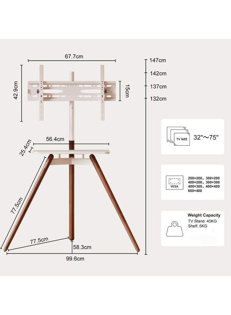 NOAEOU Portable Tripod Easel TV Floor Stand, Corner TV Kickstand-style Studio Height Adjustable and Swievel with Wooden Tray, VESA 600x400mm for 32 to 75 Inch LCD LED OLED Screen, White  - Image 3