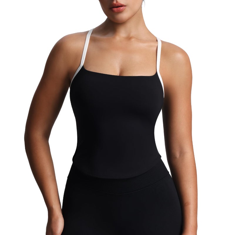 Aoxjox Women's Workout Sleeveless Color Block Lexi Tank Tops Contrasting Strap Cross Back Yoga Curve Longline Crop Top (Blacknessand White, Small) - Image 1