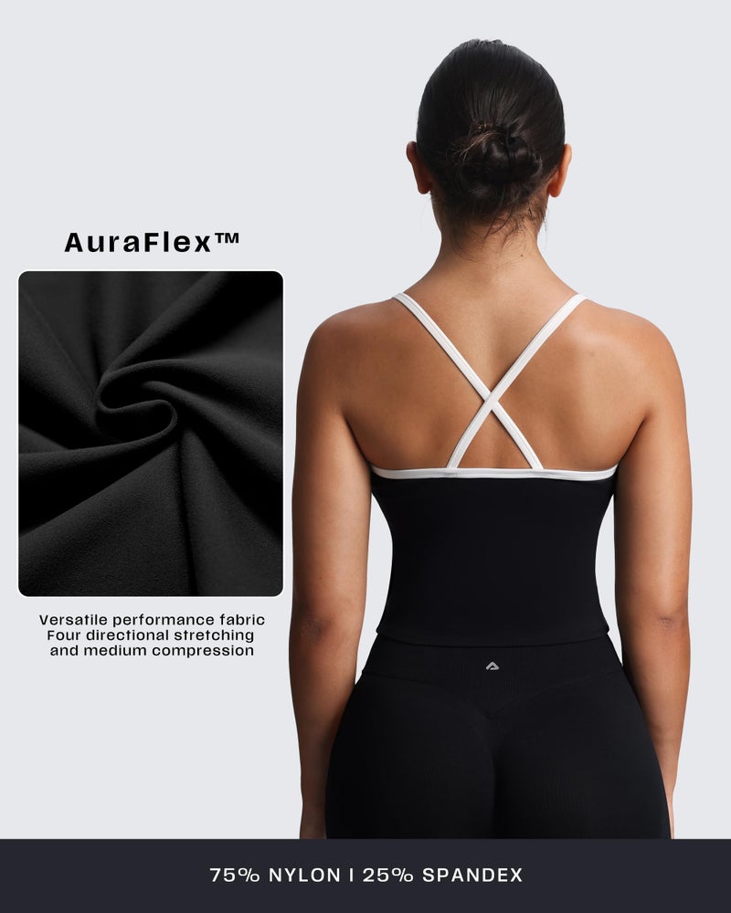 Aoxjox Women's Workout Sleeveless Color Block Lexi Tank Tops Contrasting Strap Cross Back Yoga Curve Longline Crop Top (Blacknessand White, Small) - Image 3