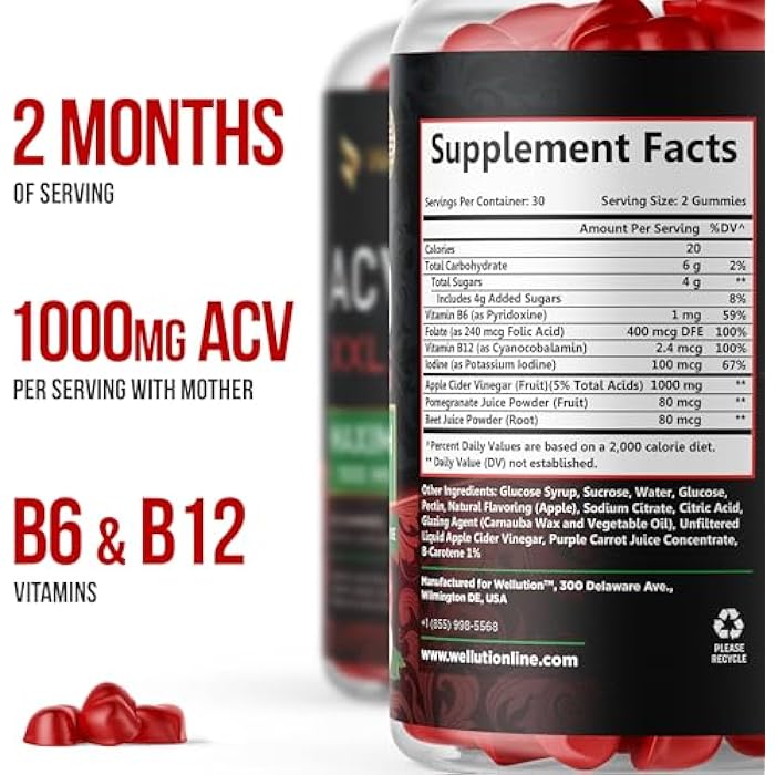 WELLUTION Apple Cider Vinegar Gummies 1000mg – Vegan, Non-GMO – with Beetroot & Pomegranate – Digestive, Energy & Detox Support – 60 Count - Image 2