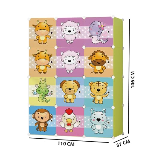 AYSIS Almirah for Clothes, Plastic Soft Sheet Collapsible Wardrobe for Kids Toys/Books, Baby Cupboard Storage in Bedroom Nursery, Cartoon (Green, 12-Shelf-12-Door) - Image 2