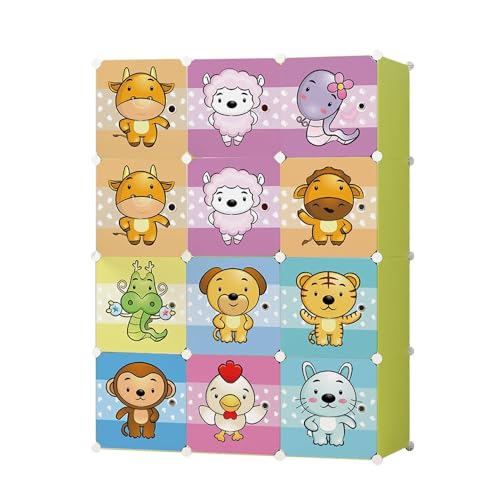AYSIS Almirah for Clothes, Plastic Soft Sheet Collapsible Wardrobe for Kids Toys/Books, Baby Cupboard Storage in Bedroom Nursery, Cartoon (Green, 12-Shelf-12-Door) - Image 3