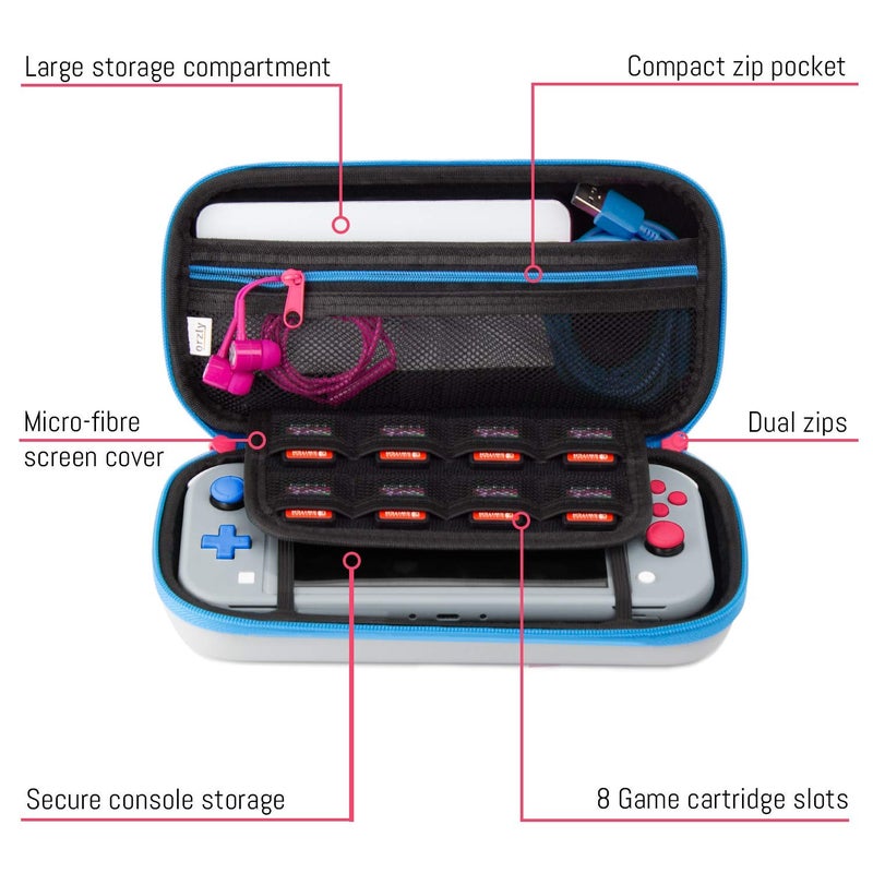 Orzly Case for Nintendo Switch Lite - Portable Travel Carry Case with Storage for Switch Lite Games and Accessories [Grey/Blue with a tint of Pink Special Edition] - Image 3
