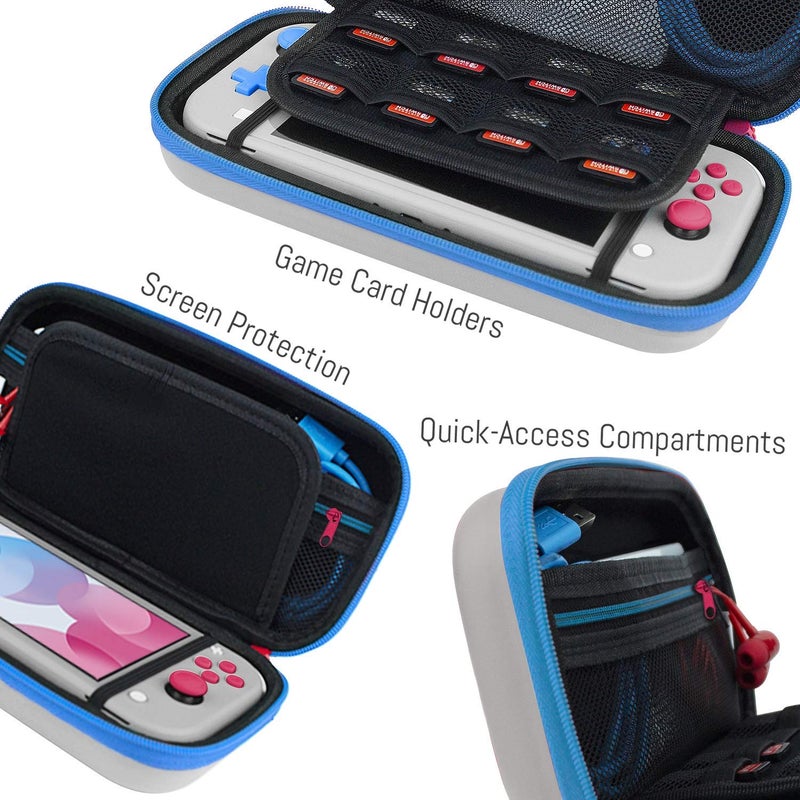 Orzly Case for Nintendo Switch Lite - Portable Travel Carry Case with Storage for Switch Lite Games and Accessories [Grey/Blue with a tint of Pink Special Edition] - Image 4