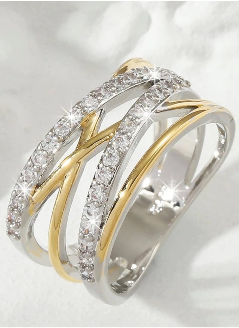 sixtyfour Elegant Silver & Gold Plated Cubic Zirconia Ring For Women Size 6  - Image 2
