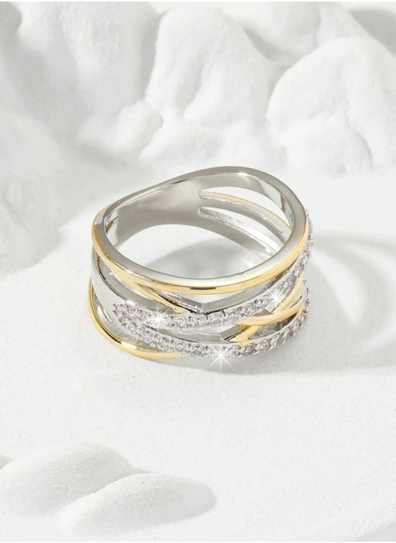 sixtyfour Elegant Silver & Gold Plated Cubic Zirconia Ring For Women Size 6  - Image 3