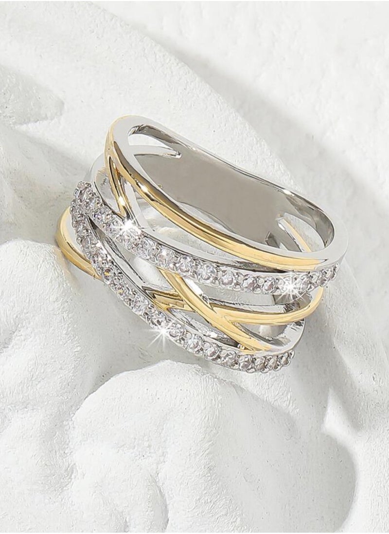 sixtyfour Elegant Silver & Gold Plated Cubic Zirconia Ring For Women Size 6  - Image 1