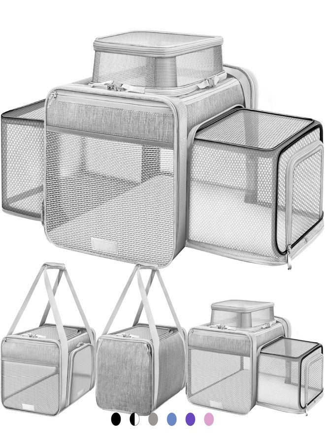 Top and 2 Sides Expandable Pet Carrier 17x11x9.5, TSA Airline Approved Small Dog Carriers for Small Dogs, Soft-Sided Cat Carrier with Self-Locking Zippers for Kitten,Rabbit, Puppy, Guinea Pig Grey