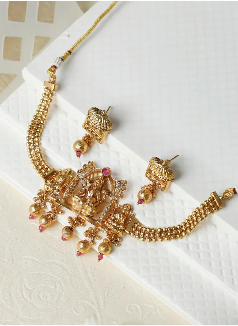 برياسي Pink Stone Studded Temple Jewellery Set